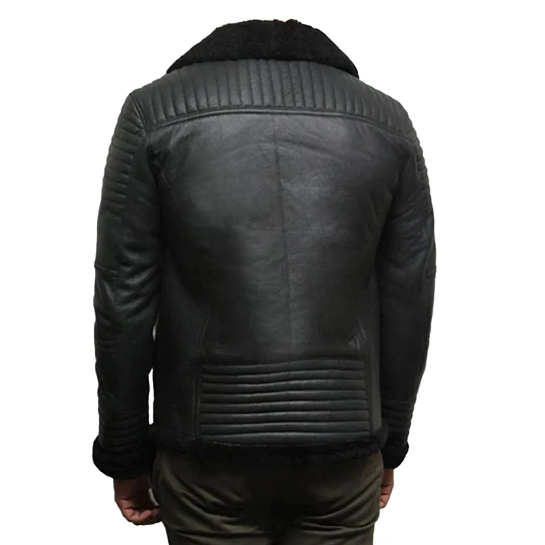 Men's Black Faux Shearling Flying Leather Jacket