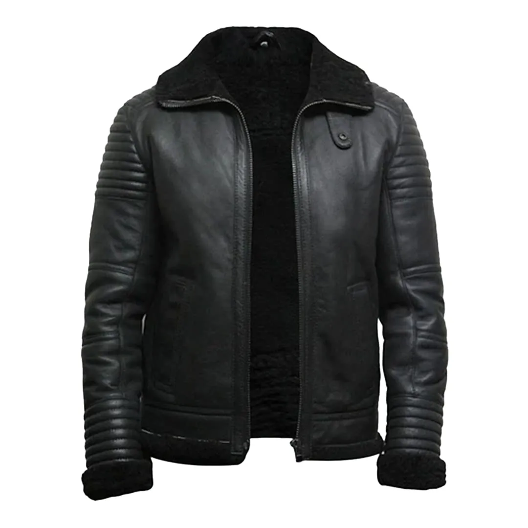 Men's Black Faux Shearling Flying Leather Jacket