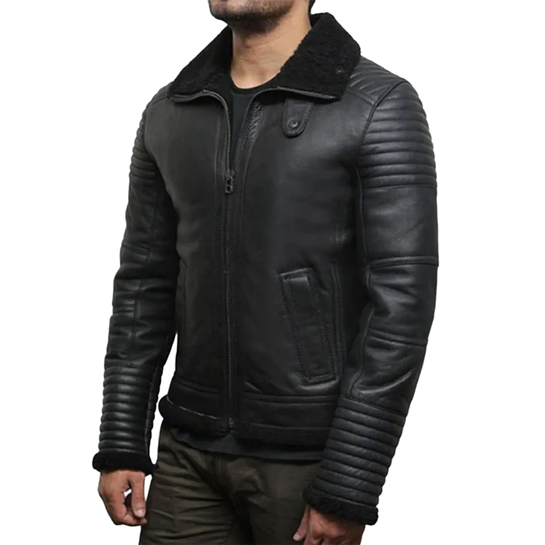 Men's Black Faux Shearling Flying Leather Jacket