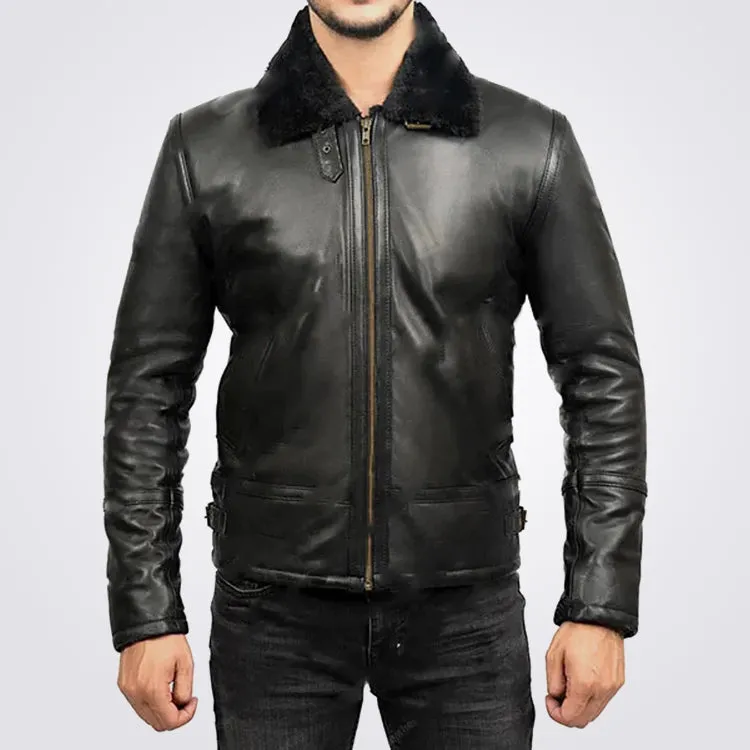 Men's Black Shearling Sheepskin Leather Bomber Jacket