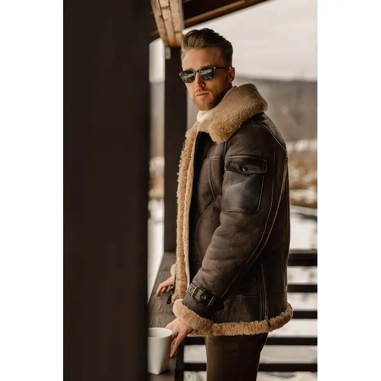 Men's Brown B3 Flying Aviator Shearling Long Jacket Coat