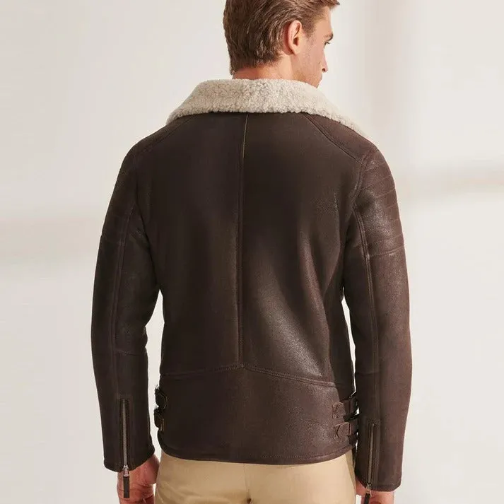 Men's Brown B3 Pilot Shearling Aviator Biker Jacket