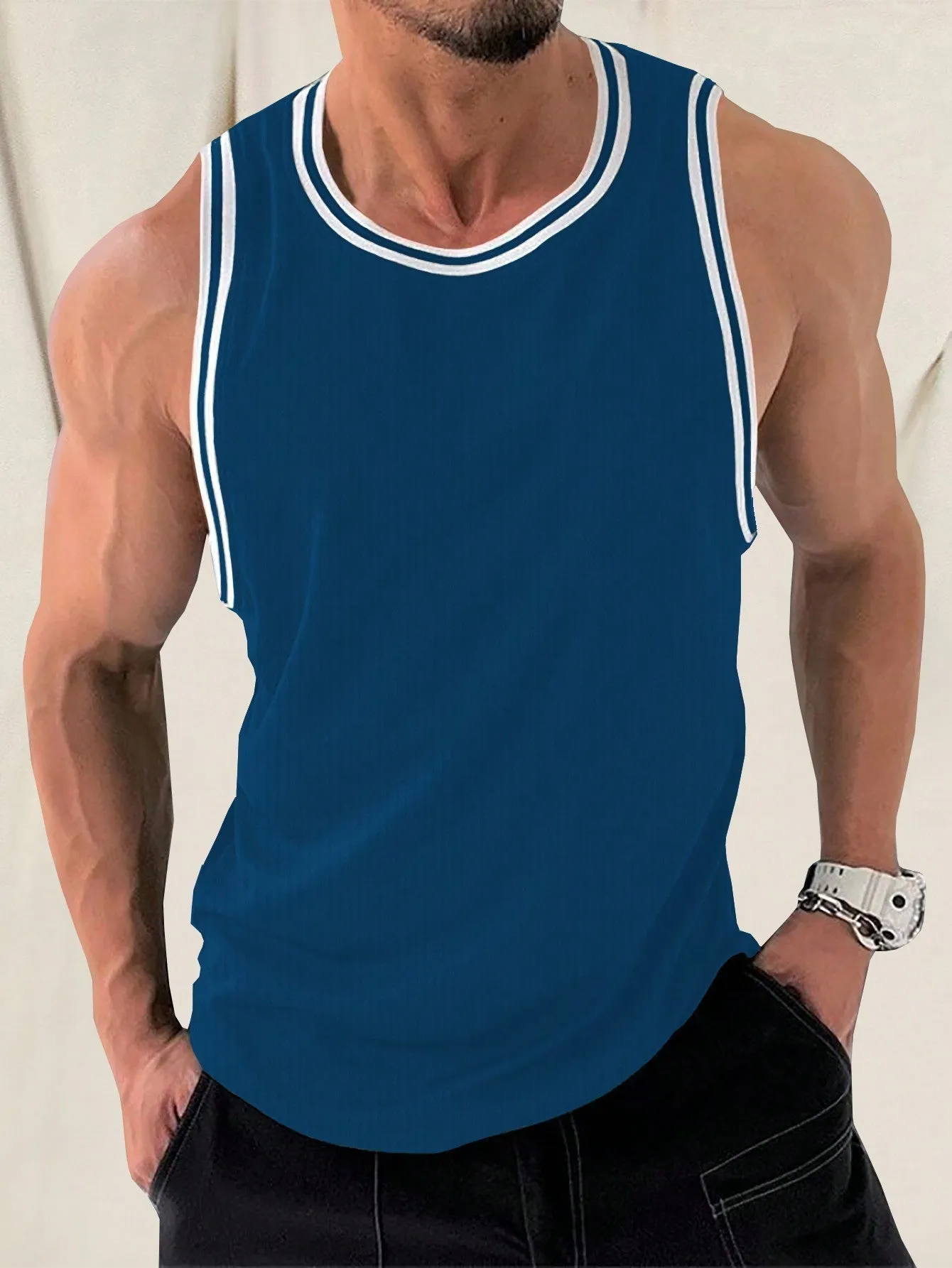 Men's Casual Striped Tank Top, Sleeveless, Round Neck, Contrast Trim