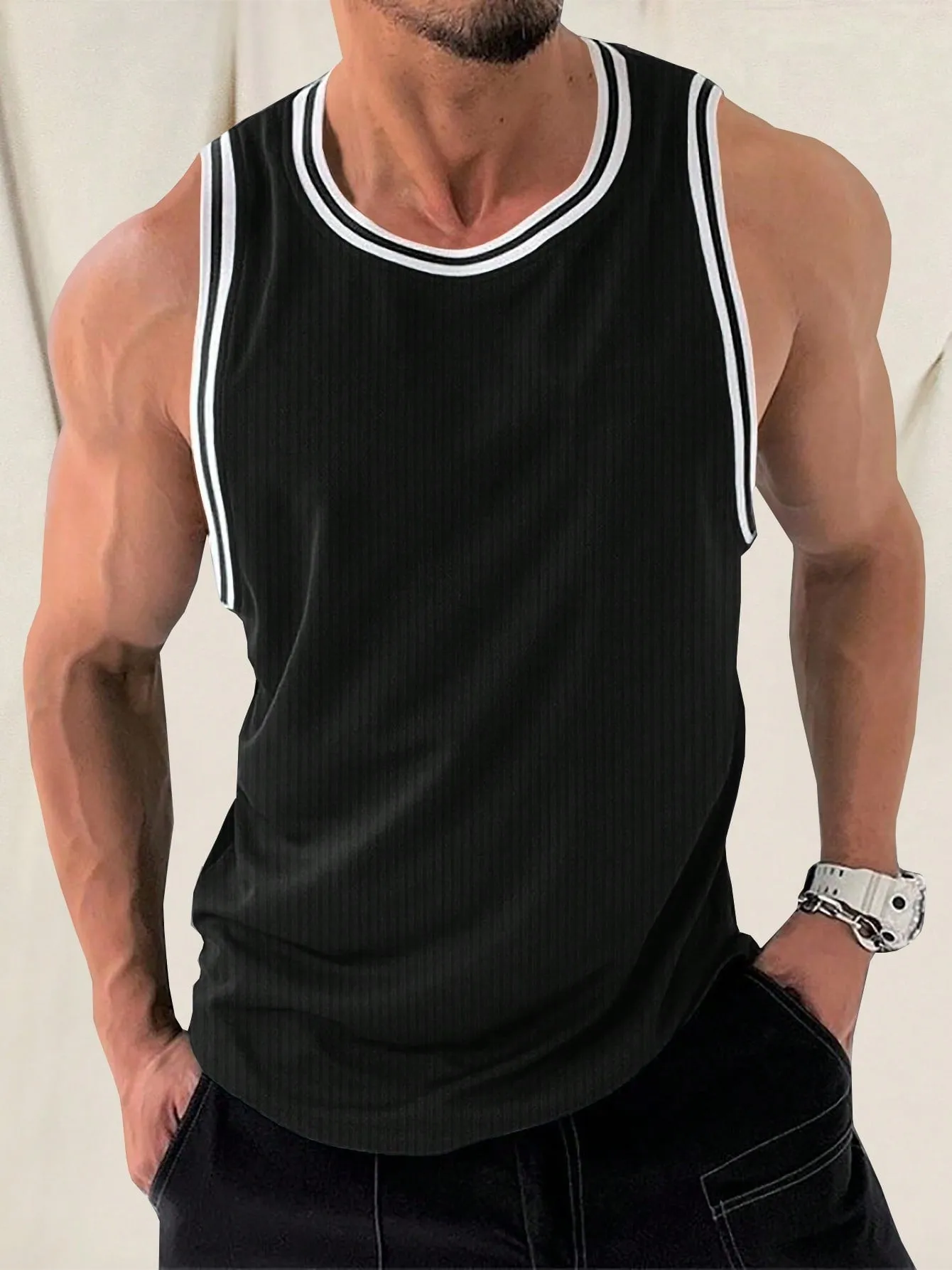 Men's Casual Striped Tank Top, Sleeveless, Round Neck, Contrast Trim