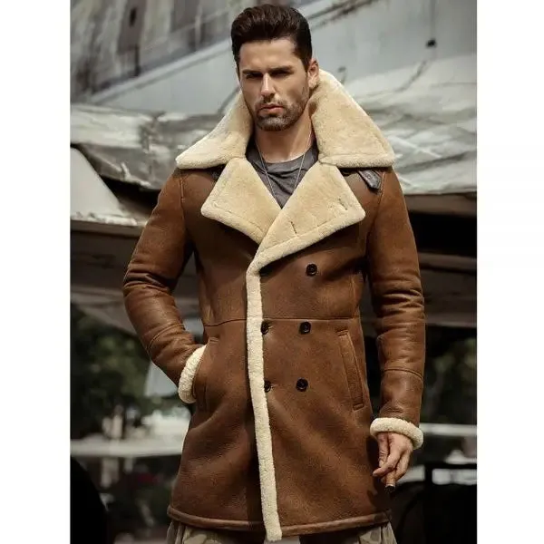 Mens Flight Sheepskin Shearling Aviator Leather Trench Coat