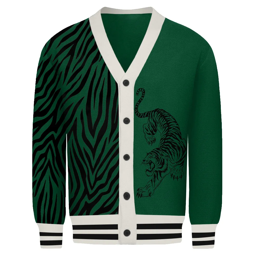 Men's green tiger print jacquard knit cardigan sweater