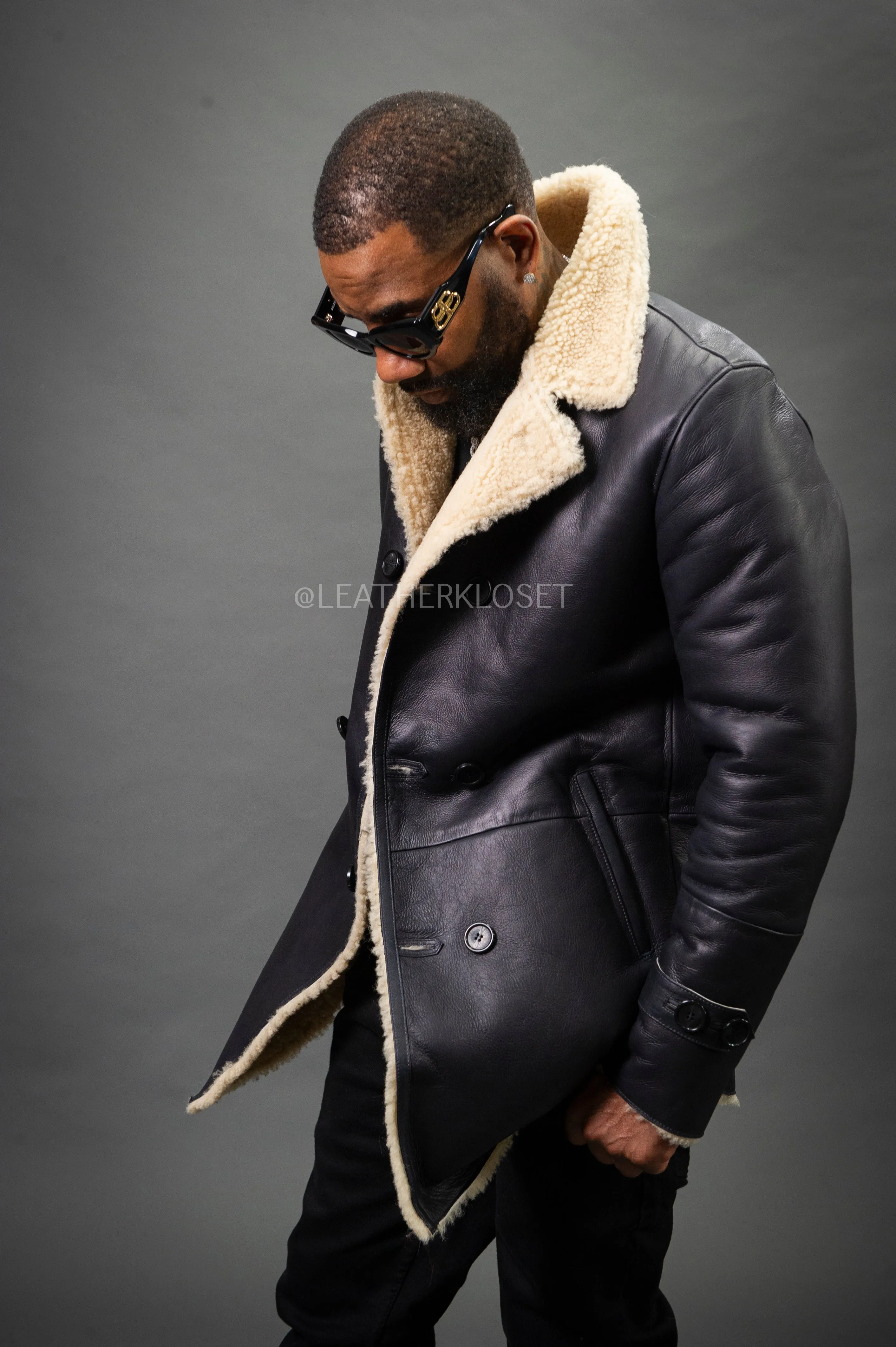 Men's London Shearling Pea Coat [Black/Beige]