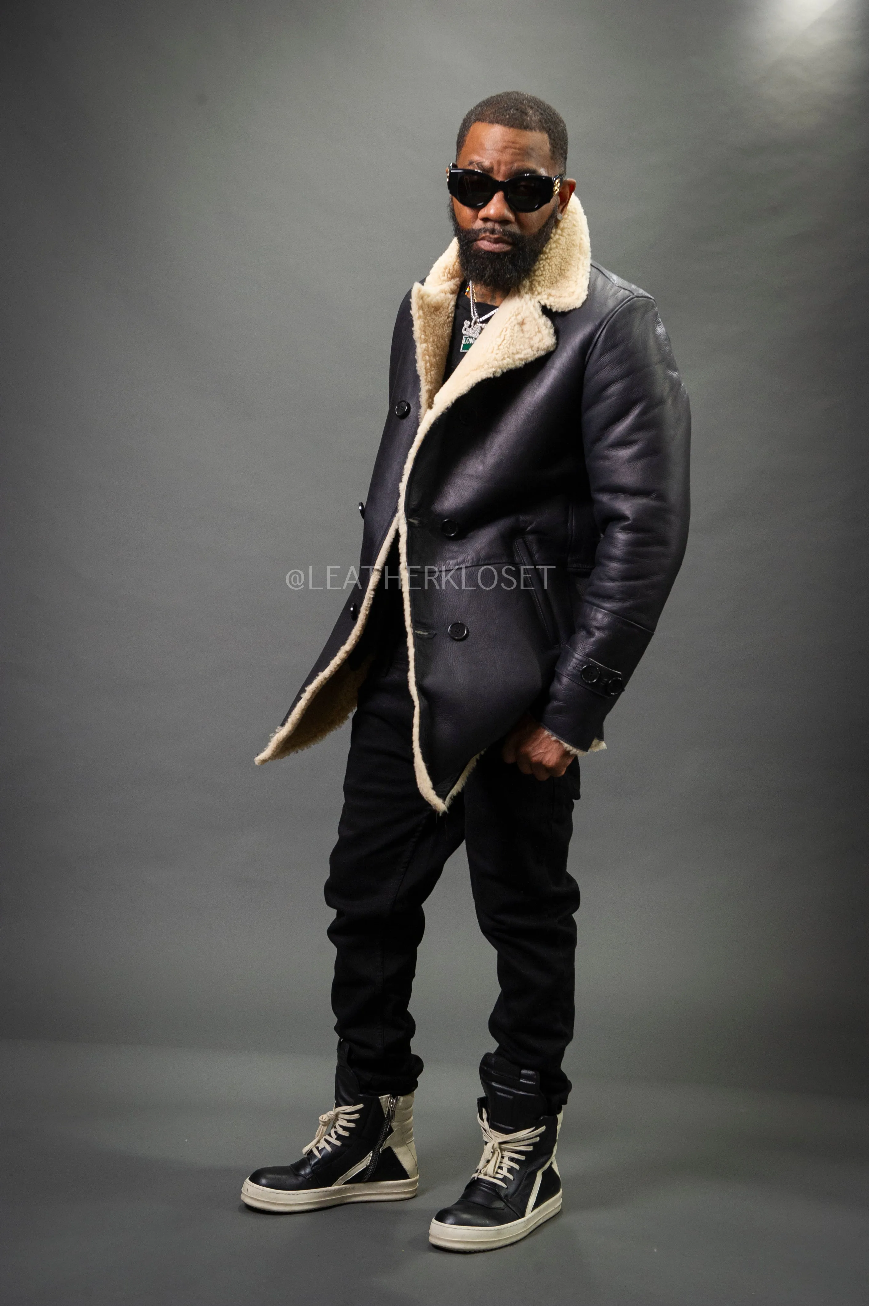 Men's London Shearling Pea Coat [Black/Beige]