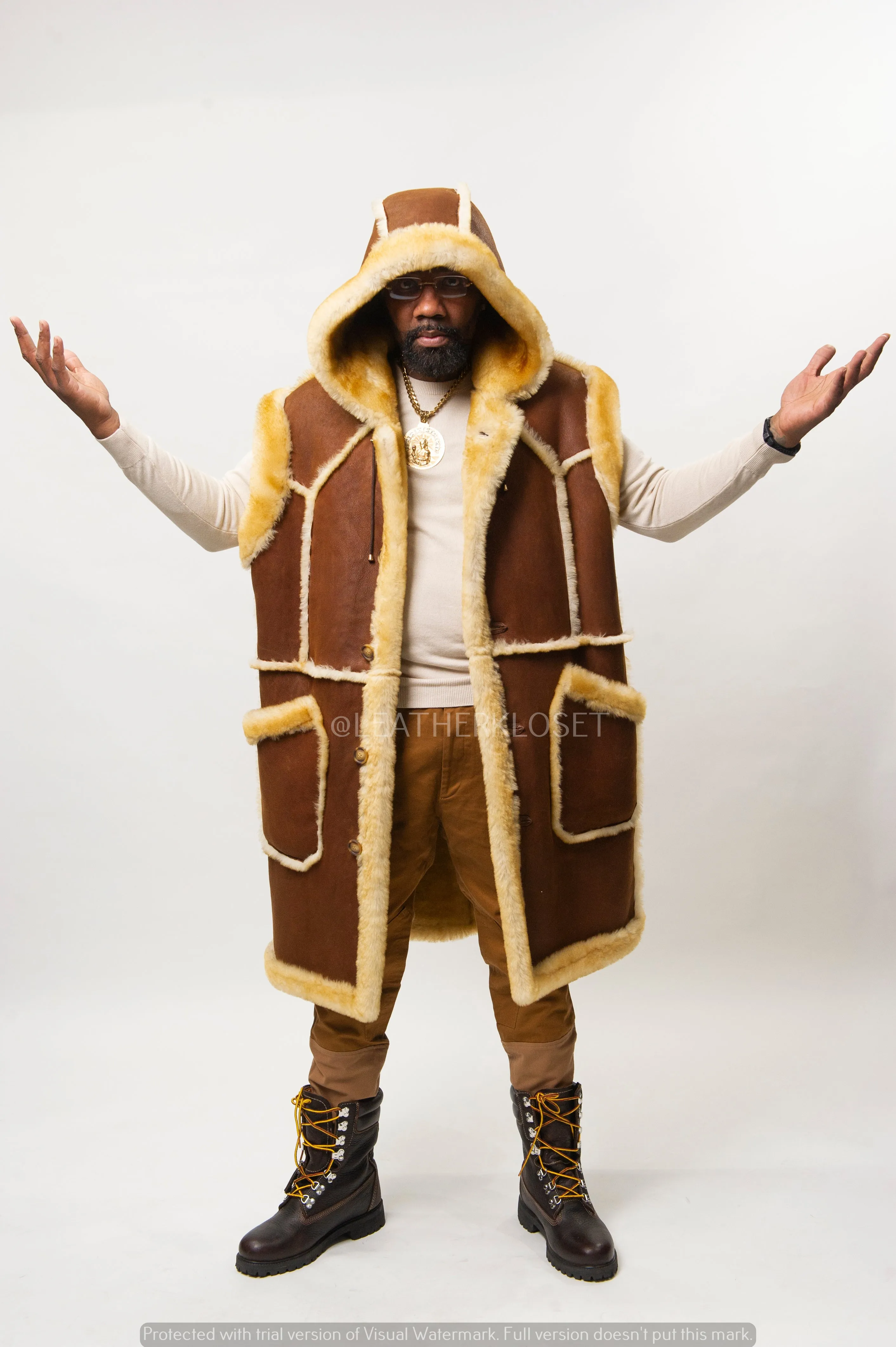 Men's Long Shearling Vest [Tan]