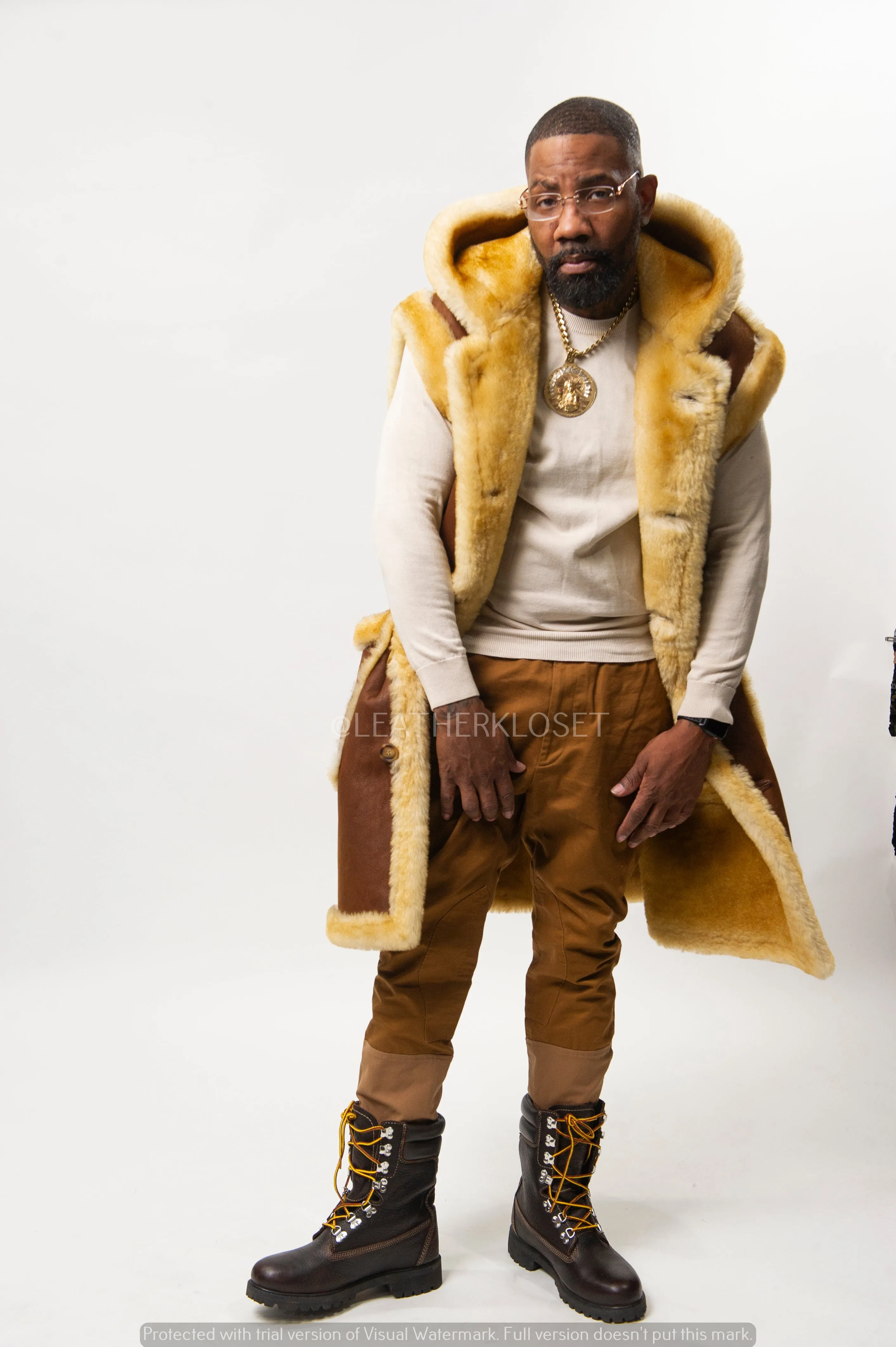 Men's Long Shearling Vest [Tan]