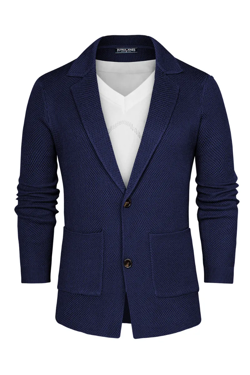 Mens Notch Collar Cardigan Sweaters Knit Textured Sweater Button Down Blazer with Pockets