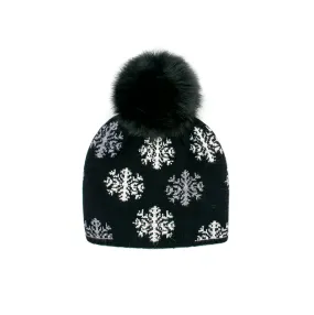 Mitchie's Matchings | Scattered Snowflakes Knitted Hat with Fox Fur Pom