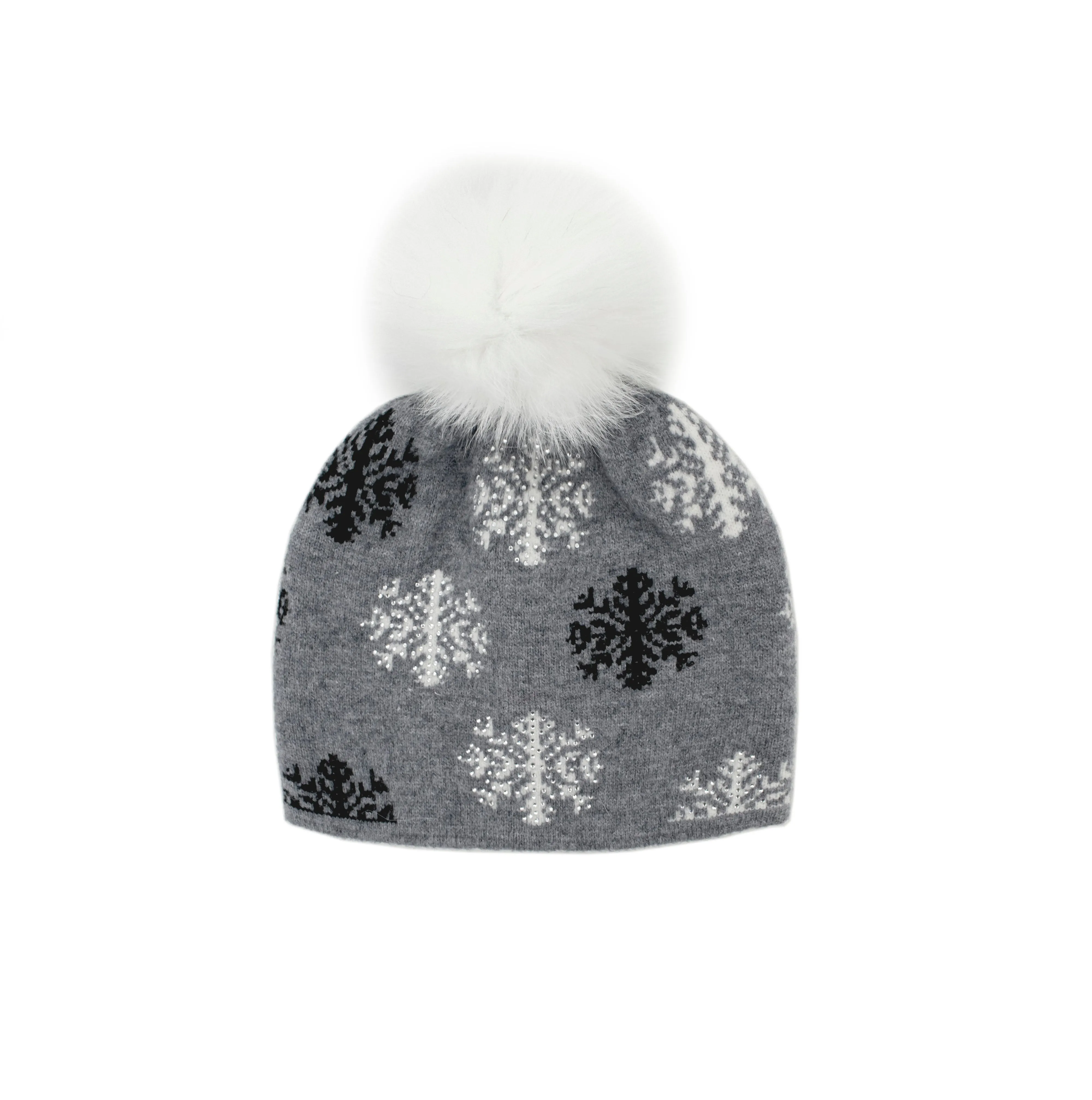 Mitchie's Matchings | Scattered Snowflakes Knitted Hat with Fox Fur Pom