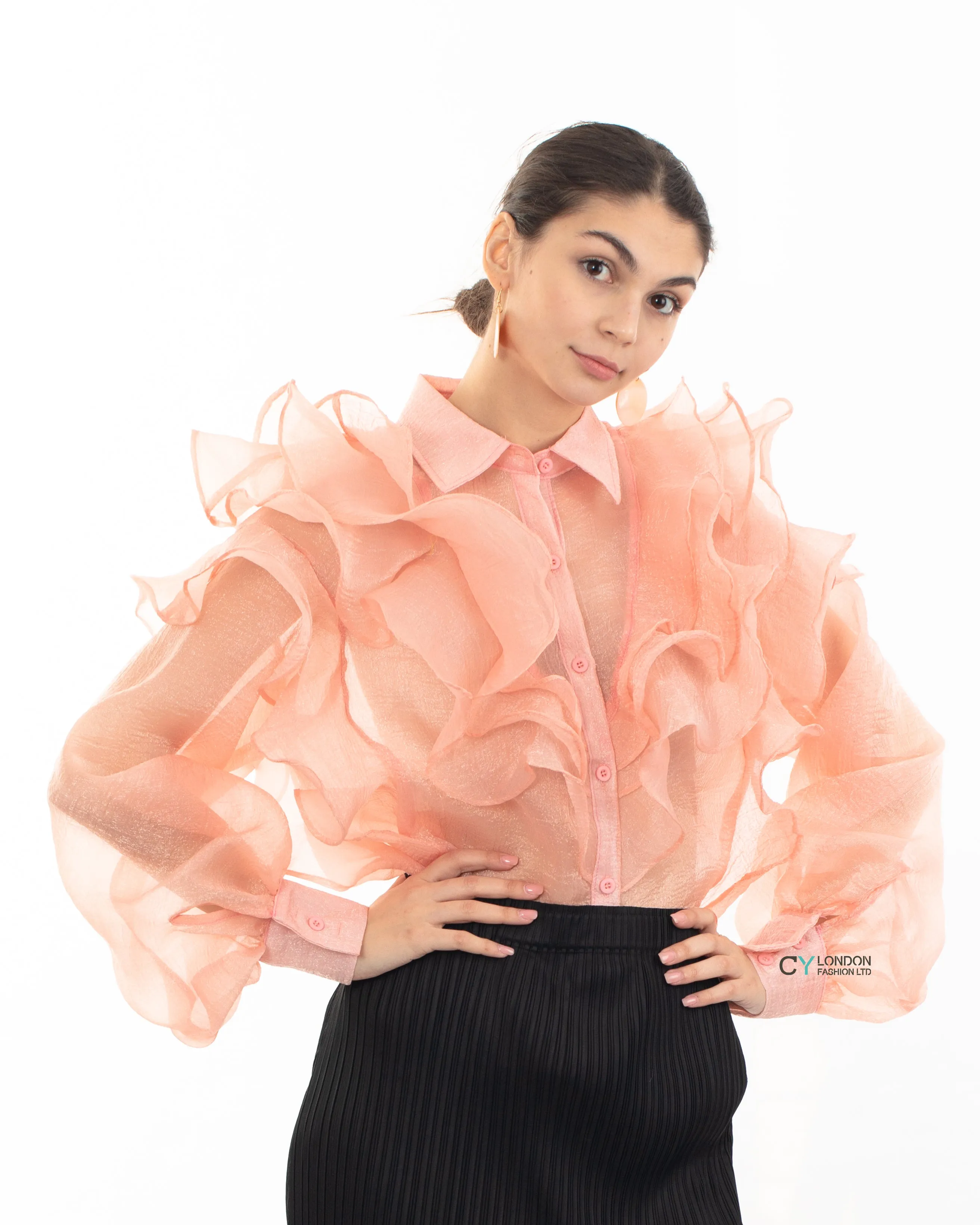 Multi Layer ruffles design sheer organza  shirt in Dusty Pink