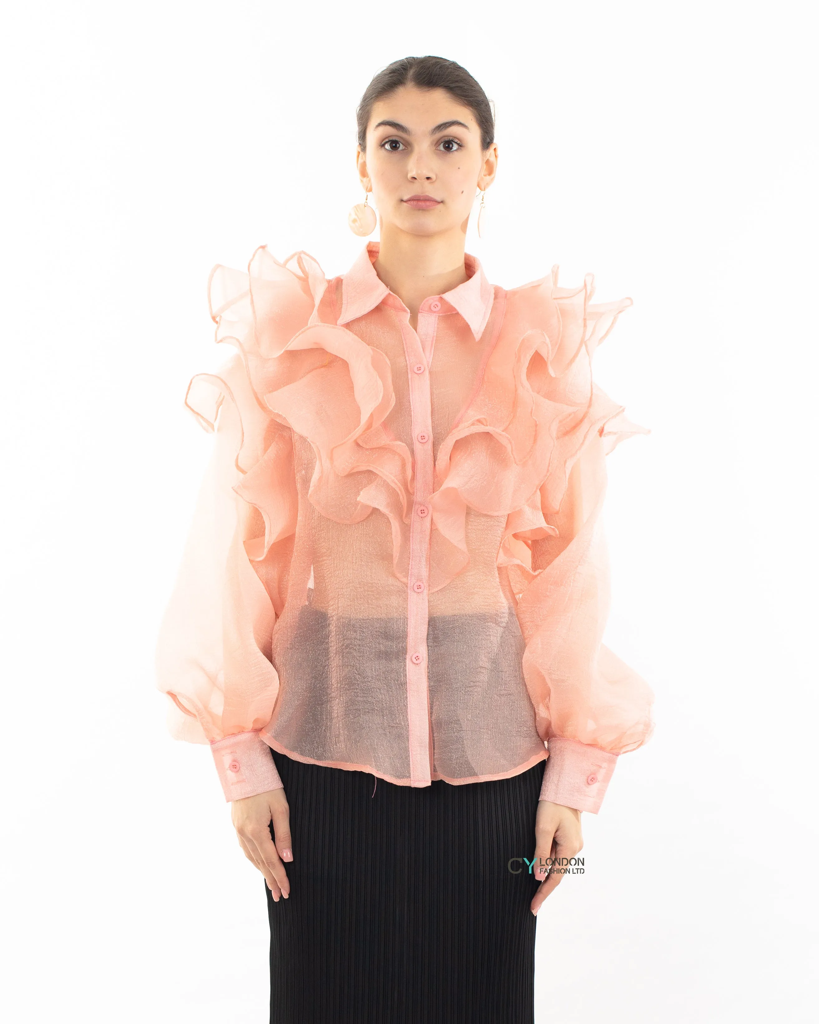 Multi Layer ruffles design sheer organza  shirt in Dusty Pink