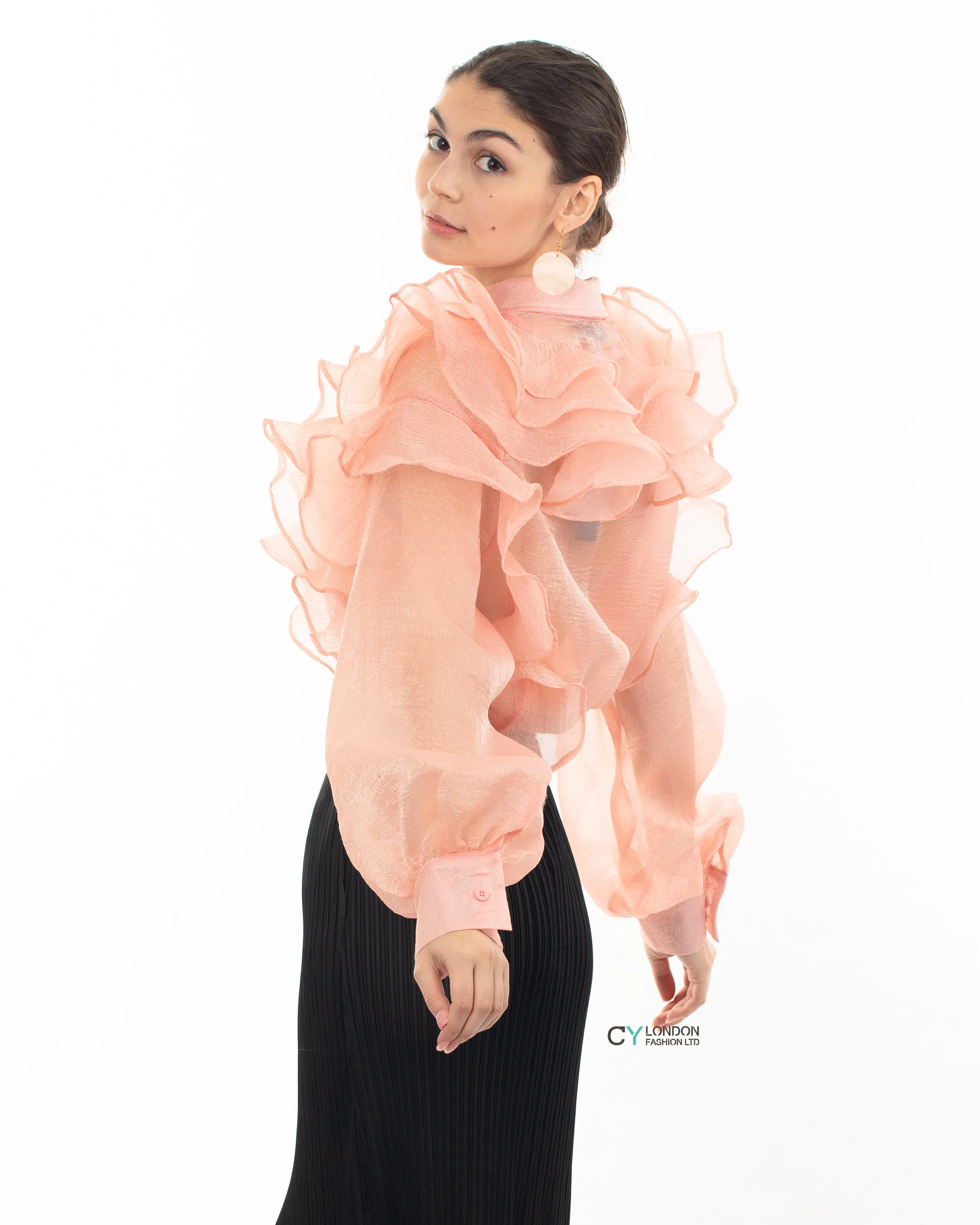 Multi Layer ruffles design sheer organza  shirt in Dusty Pink