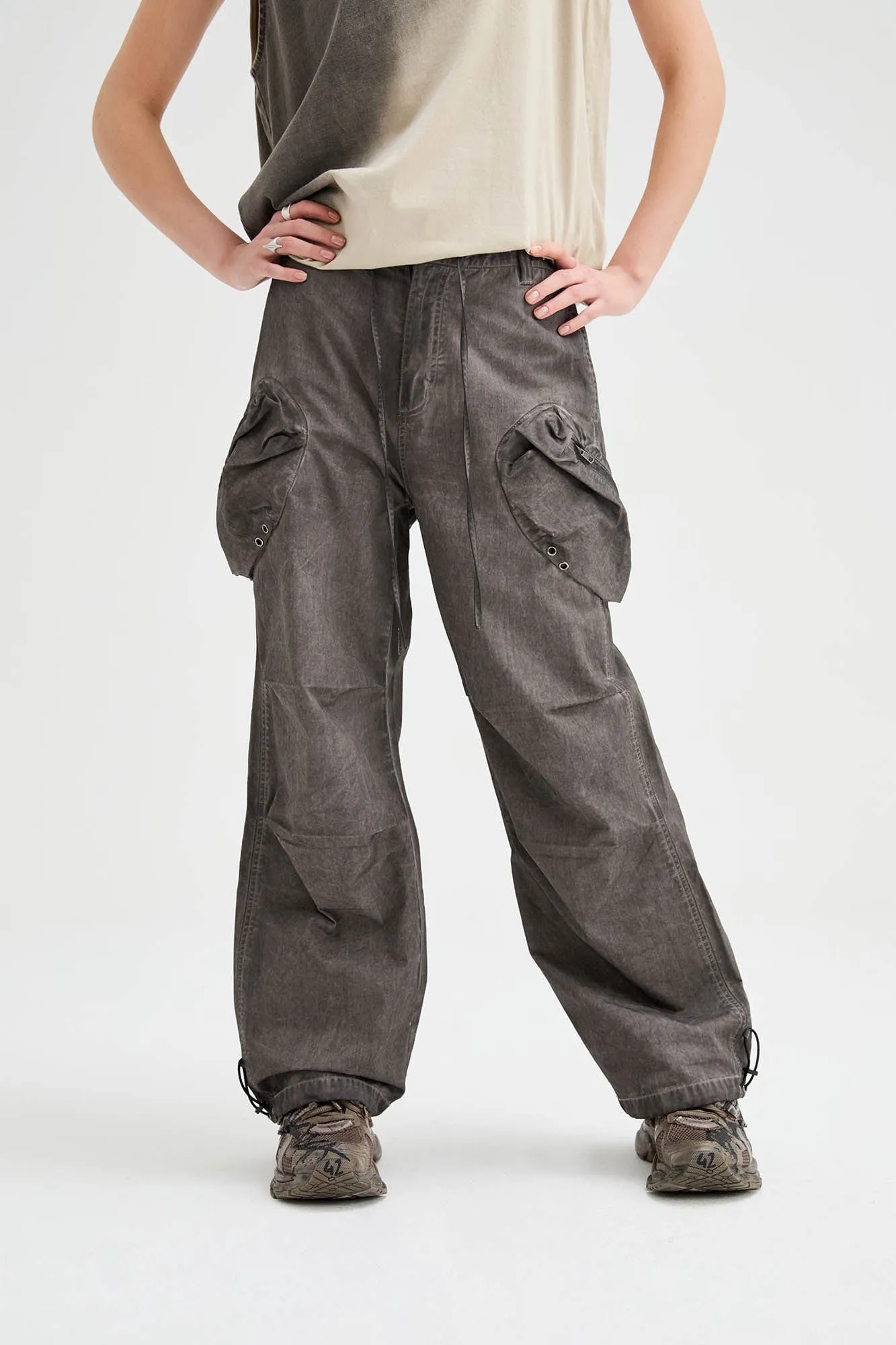 Multi-Pocket Crinkled Drawstring Cargo Pants