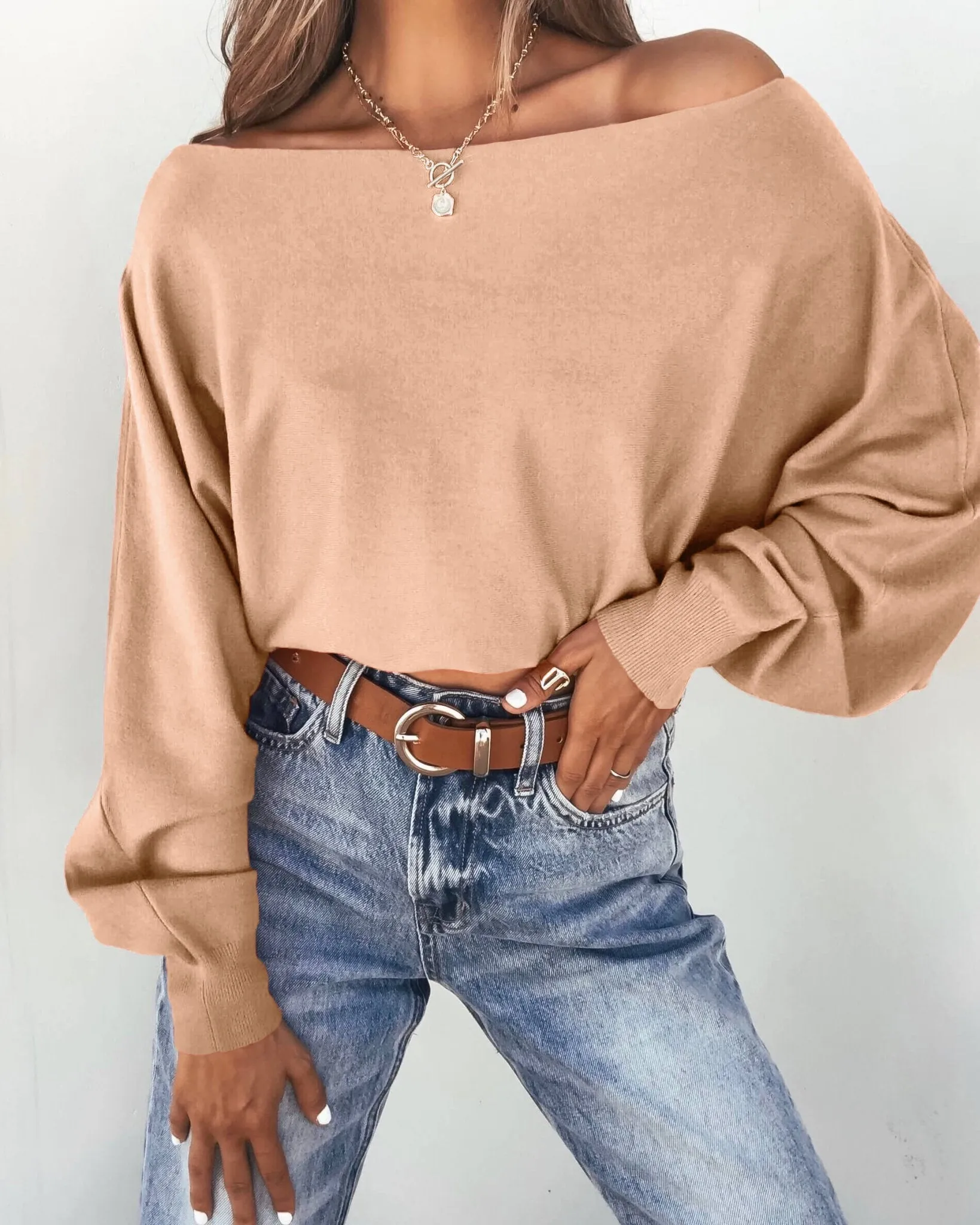 Off The Shoulder Cashmere Sweater - Camel