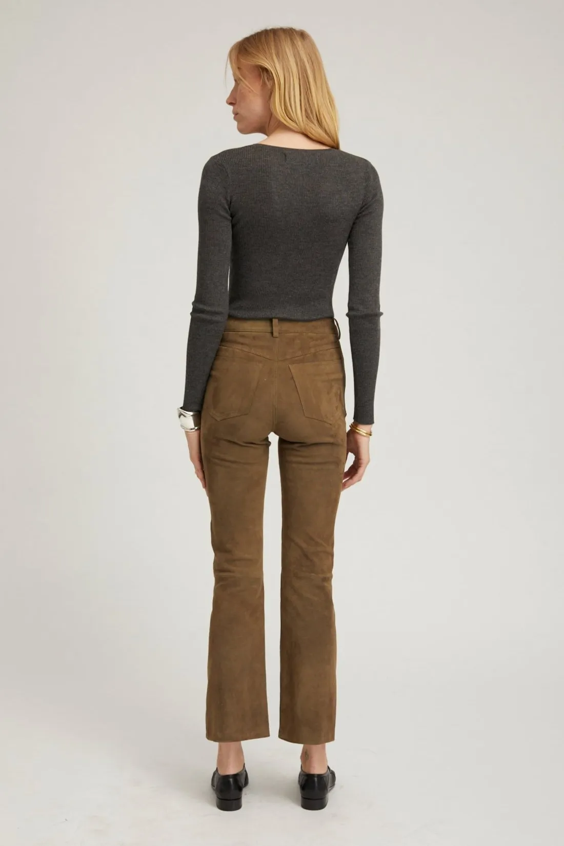 Olive Suede 5 Pocket Ankle Flare Pants