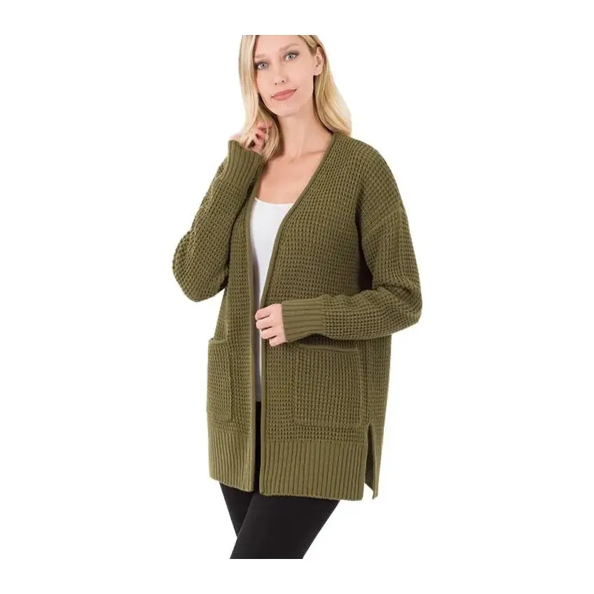 Open Waffle Cardigan Dusty Olive