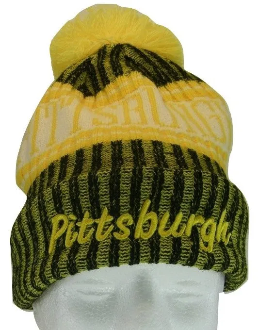 Pittsburgh Plush Lined Embroidered Winter Knit Pom Beanie Hat (Black/Gold Script)