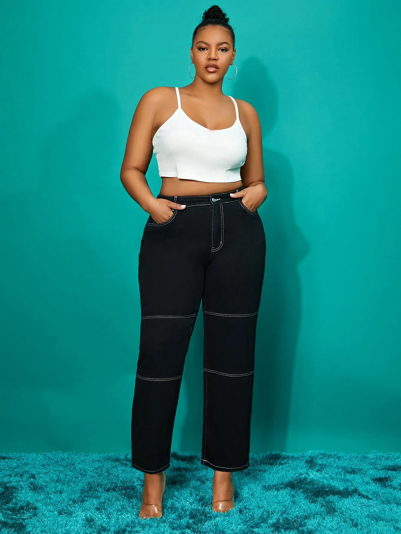 Plain Pocket Long Plus Size Jeans