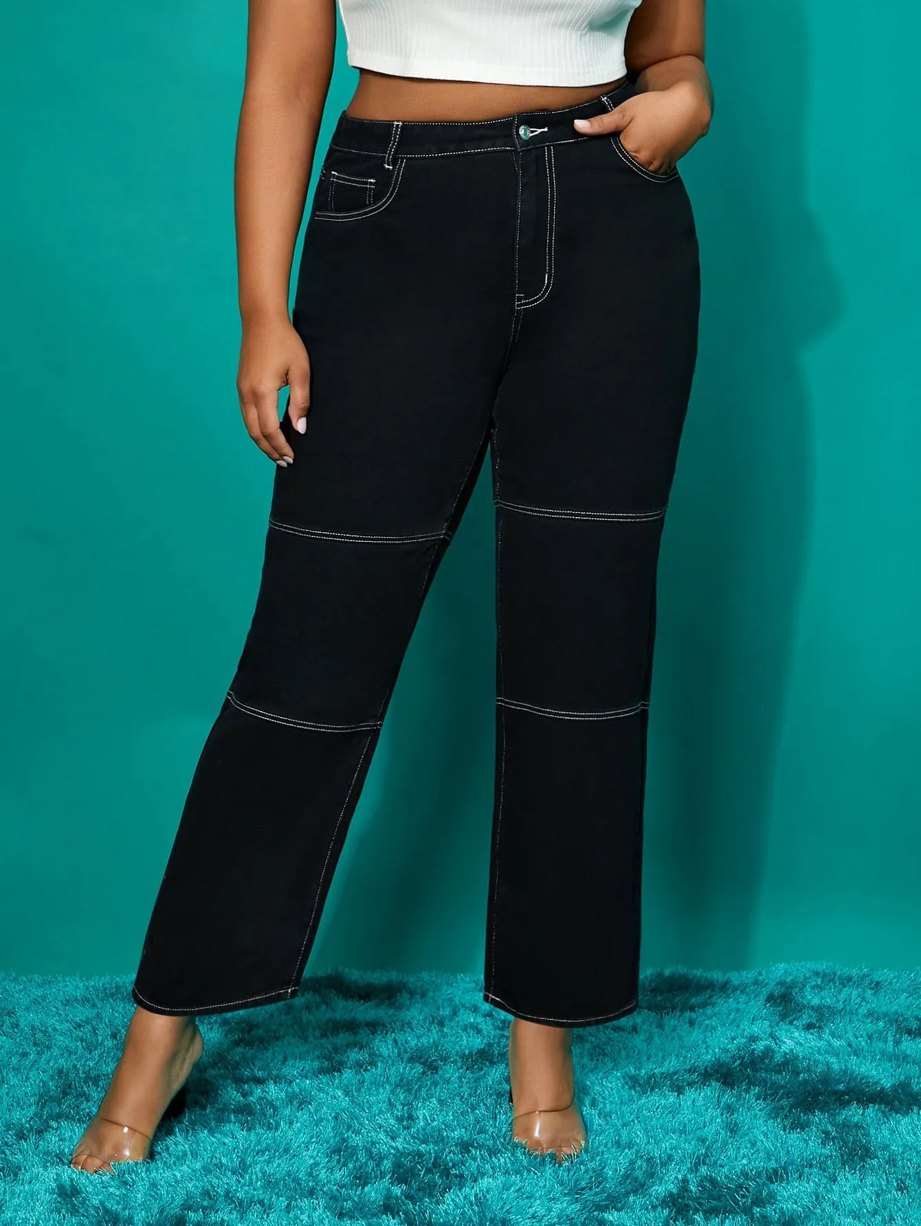 Plain Pocket Long Plus Size Jeans