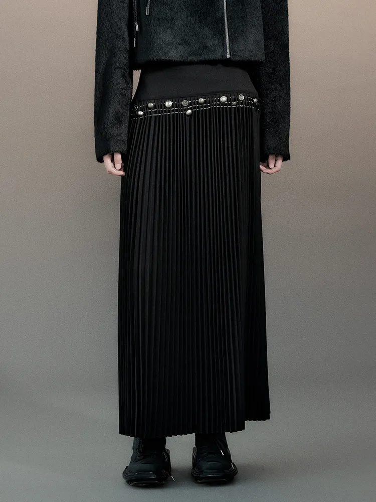 Pleats Chic Button Metal Nichi Long-Skirt