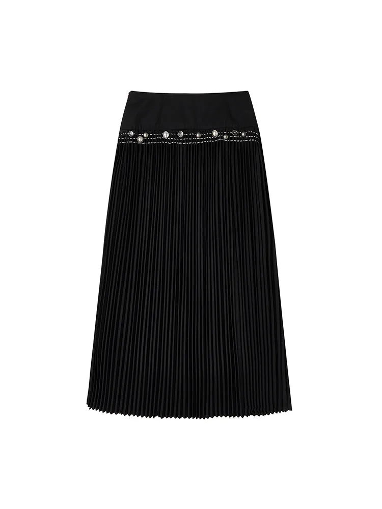 Pleats Chic Button Metal Nichi Long-Skirt