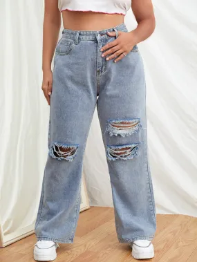 Plus High Waist Knee Ripped Wide Leg Jeans