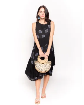 polka dot print contrast layer linen dress