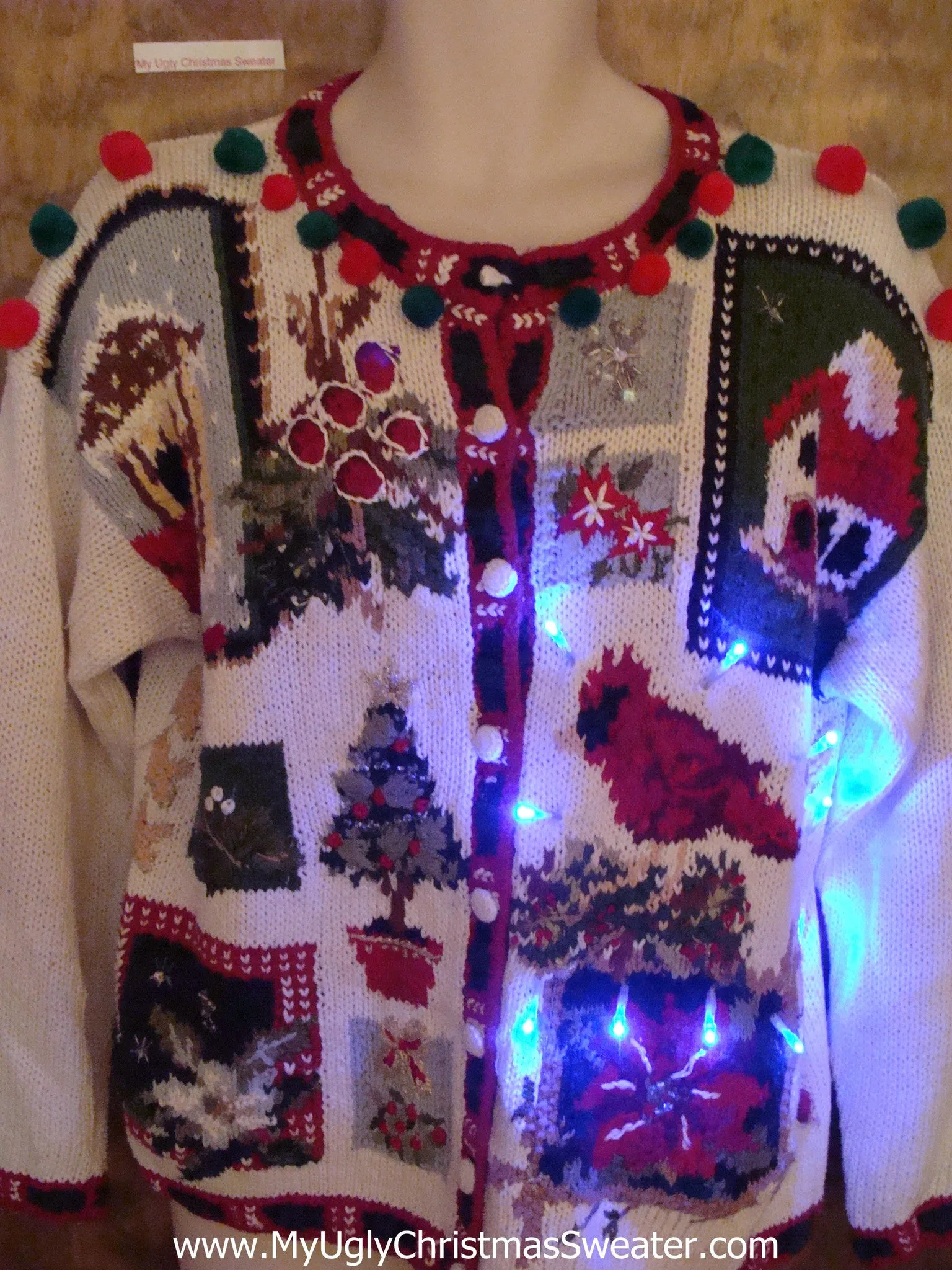 Pom Pom and Red Cardinal Bird Cute Christmas Sweater with Lights