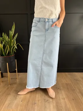 "Gianna" Long Denim Skirt in Light Indigo