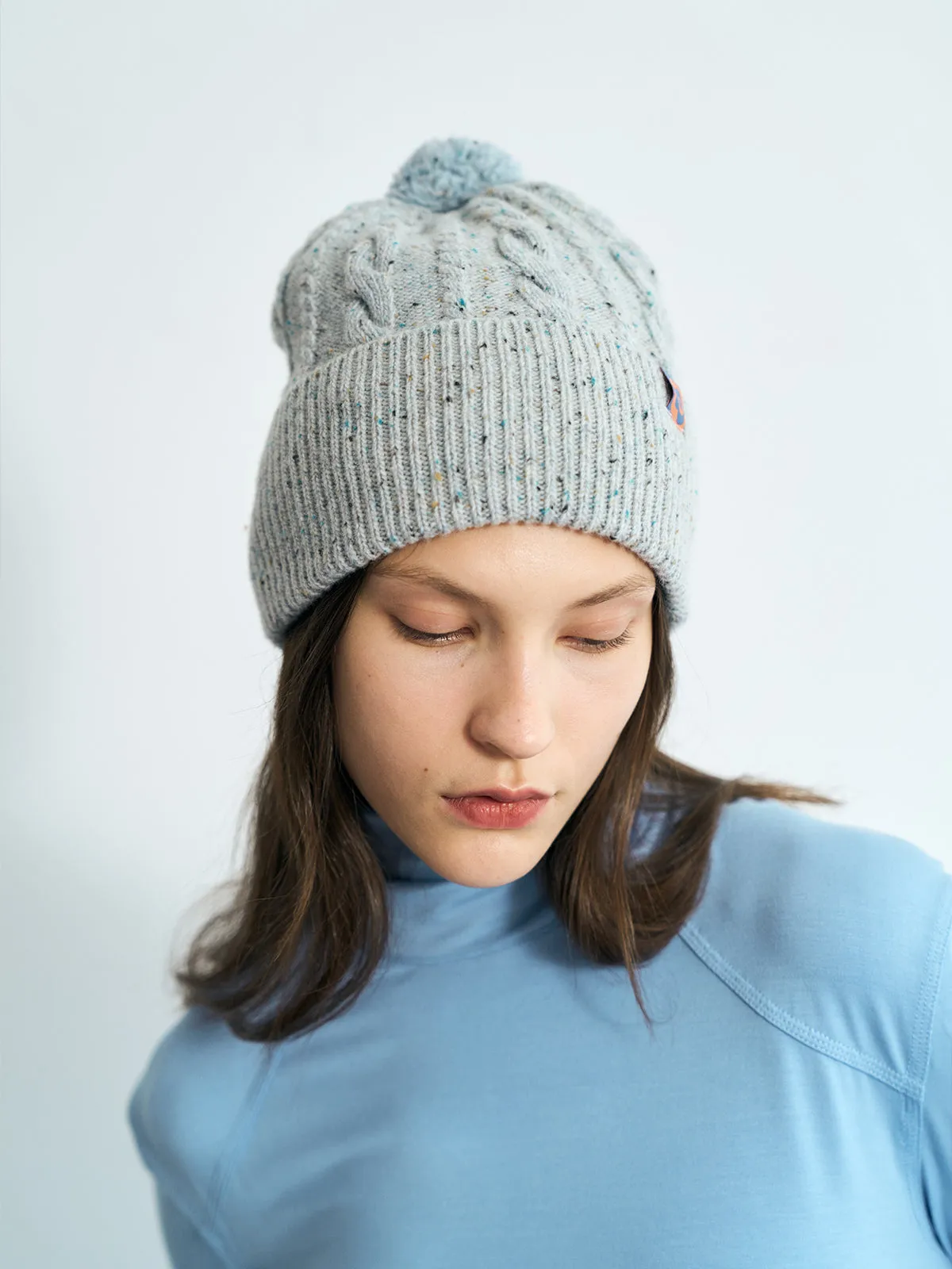 "Pom Pom" Cable Knit Wool Beanie Hat - Icy Blue