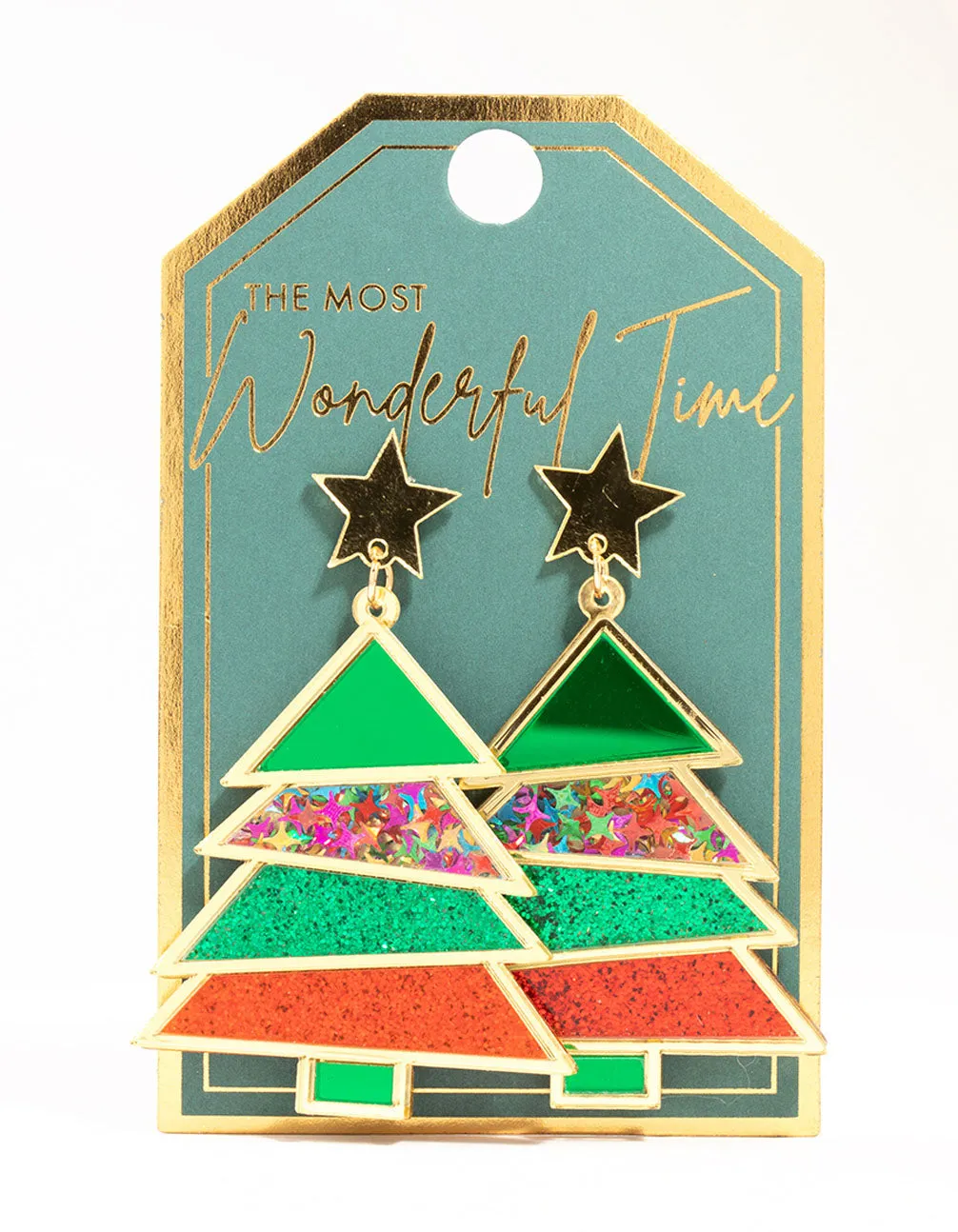 Red & Green Acrylic Tree Gold Drop Earrings