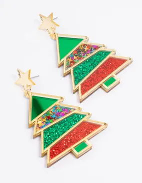 Red & Green Acrylic Tree Gold Drop Earrings