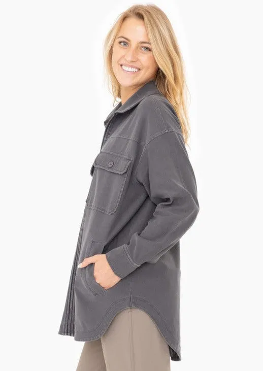 Relaxed Charcoal Gray Zip Up Shacket