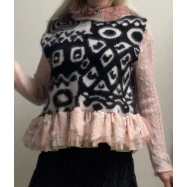 Repurposed Angora Mohair pullover cropped sweater in black, white and pinks. One size