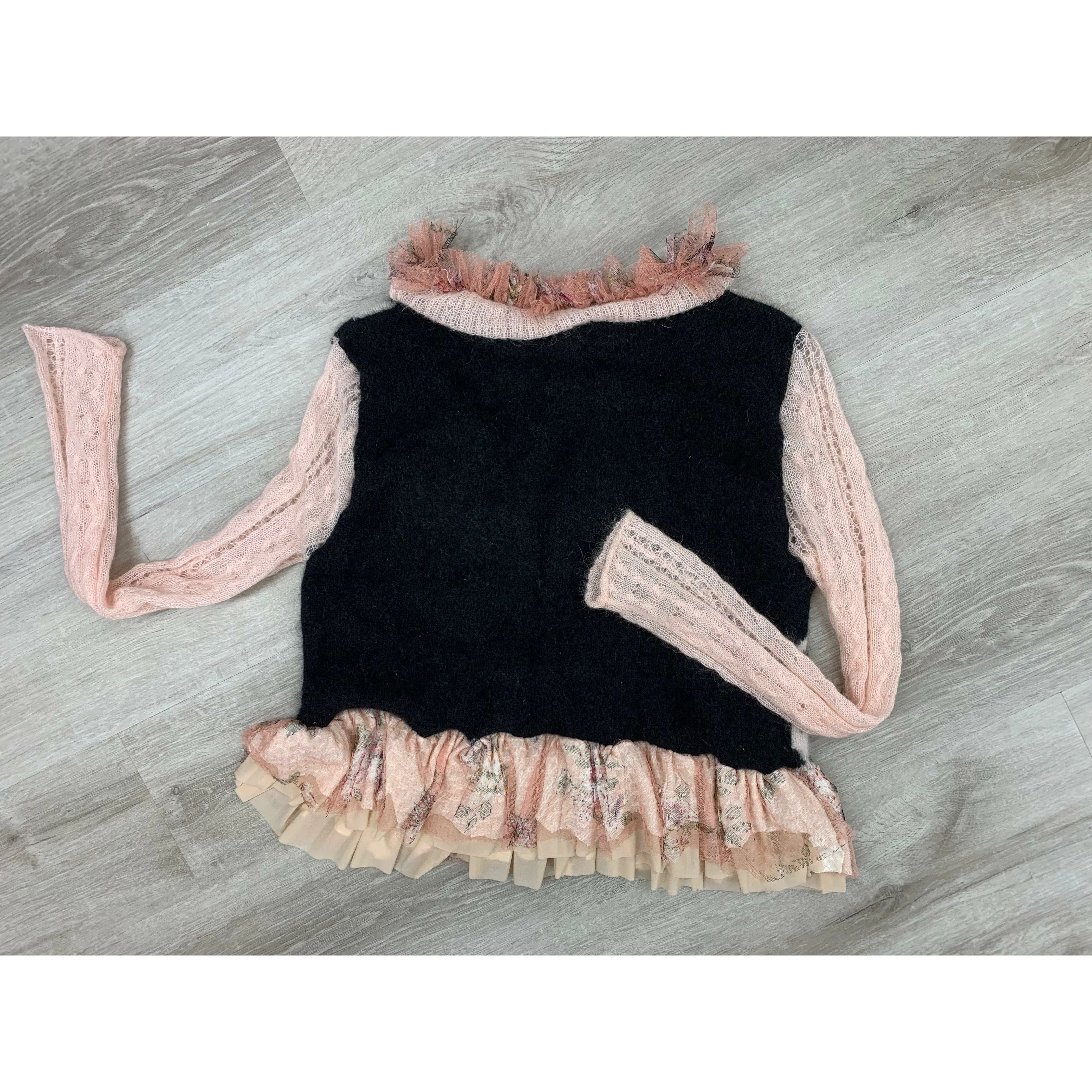 Repurposed Angora Mohair pullover cropped sweater in black, white and pinks. One size