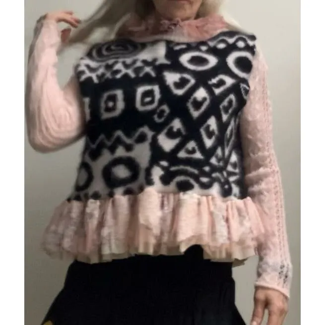 Repurposed Angora Mohair pullover cropped sweater in black, white and pinks. One size