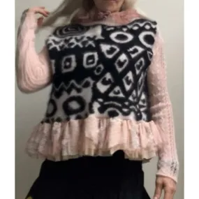 Repurposed Angora Mohair pullover cropped sweater in black, white and pinks. One size