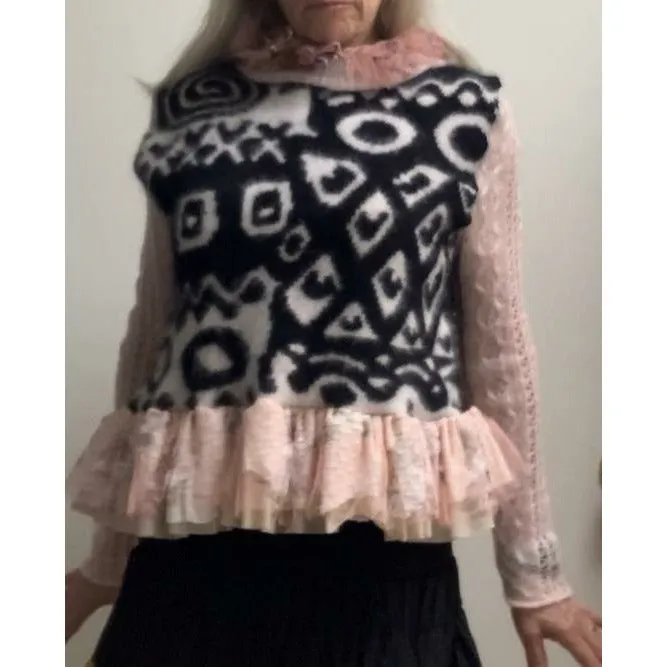 Repurposed Angora Mohair pullover cropped sweater in black, white and pinks. One size