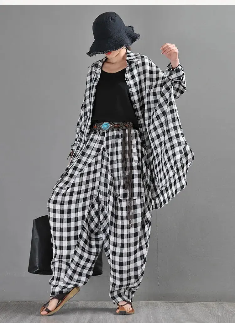 Retro Black and Blue Plaid Linen Cardigan Blouse for Women