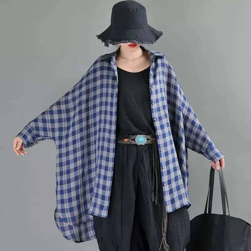 Retro Black and Blue Plaid Linen Cardigan Blouse for Women