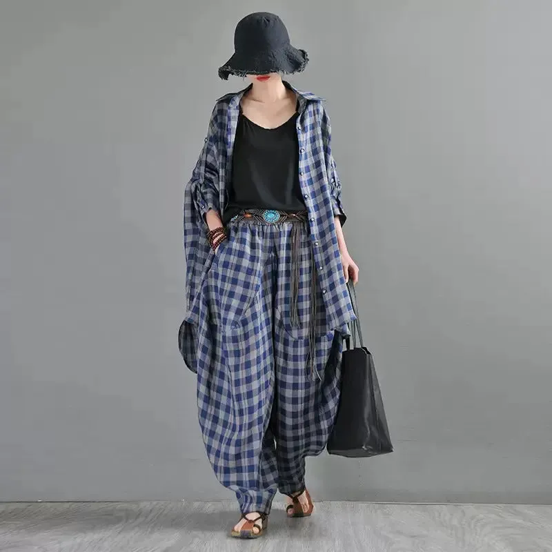 Retro Black and Blue Plaid Linen Cardigan Blouse for Women