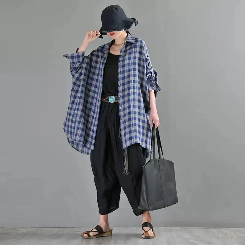 Retro Black and Blue Plaid Linen Cardigan Blouse for Women