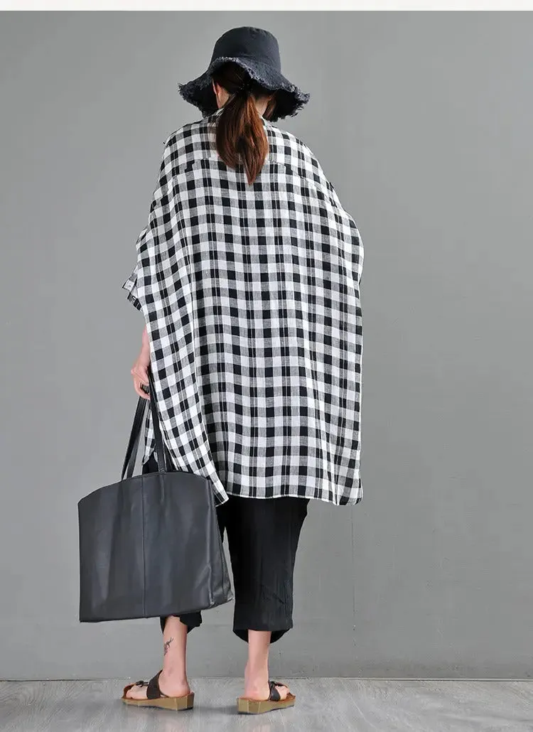 Retro Black and Blue Plaid Linen Cardigan Blouse for Women