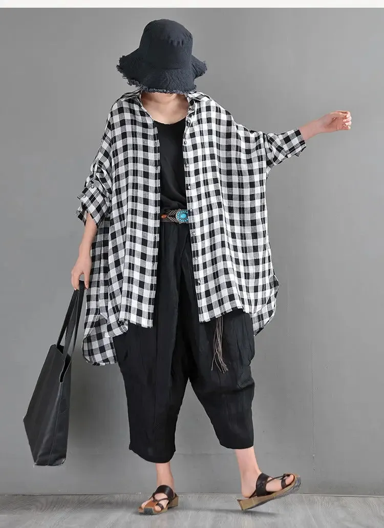 Retro Black and Blue Plaid Linen Cardigan Blouse for Women