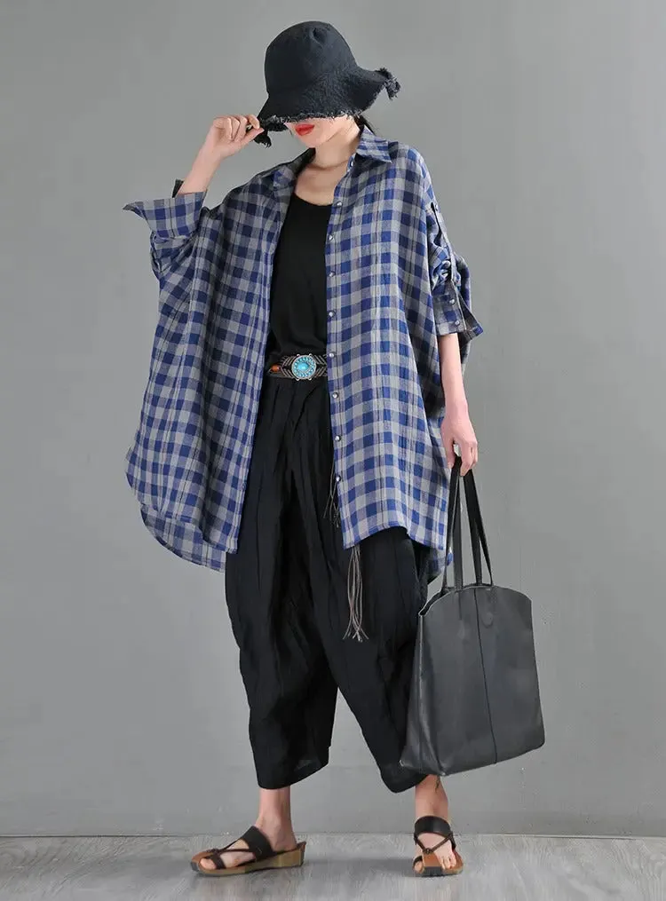 Retro Black and Blue Plaid Linen Cardigan Blouse for Women