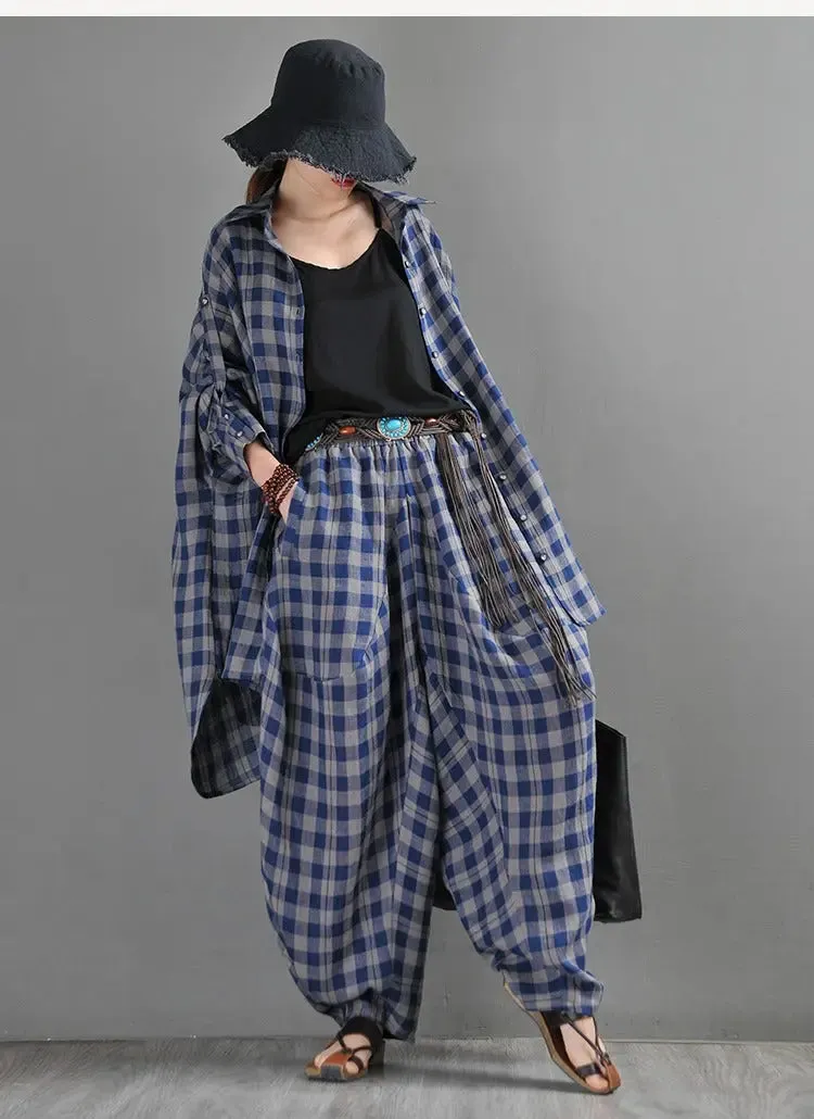 Retro Black and Blue Plaid Linen Cardigan Blouse for Women